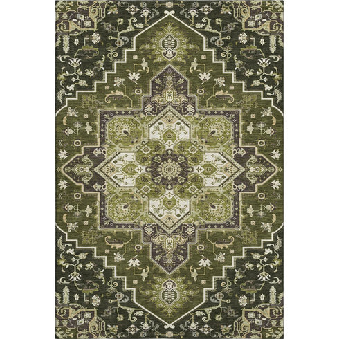 8' X 10' Olive Green Ivory And Beige Oriental Washable Area Rug With UV Protection