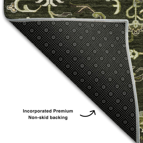 8' X 10' Olive Green Ivory And Beige Oriental Washable Area Rug With UV Protection