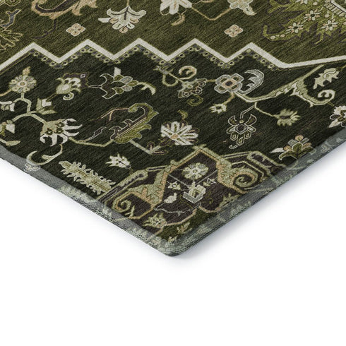 8' X 10' Olive Green Ivory And Beige Oriental Washable Area Rug With UV Protection