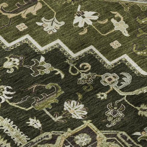 8' X 10' Olive Green Ivory And Beige Oriental Washable Area Rug With UV Protection