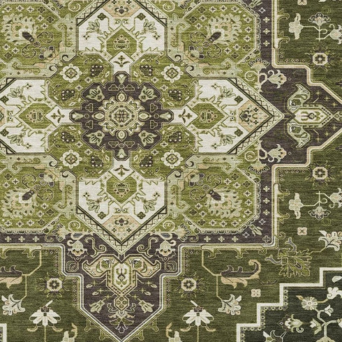 8' X 10' Olive Green Ivory And Beige Oriental Washable Area Rug With UV Protection
