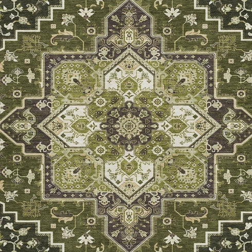 8' X 10' Olive Green Ivory And Beige Oriental Washable Area Rug With UV Protection