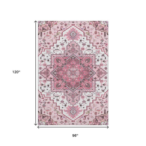 8' X 10' Pink Ivory And Gray Oriental Washable Area Rug With UV Protection