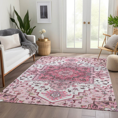 8' X 10' Pink Ivory And Gray Oriental Washable Area Rug With UV Protection