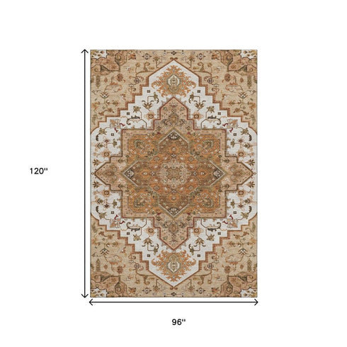 8' X 10' Terra Cotta Ivory And Beige Oriental Washable Area Rug With UV Protection