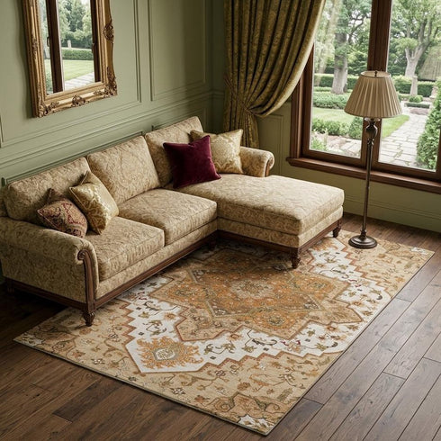 8' X 10' Terra Cotta Ivory And Beige Oriental Washable Area Rug With UV Protection