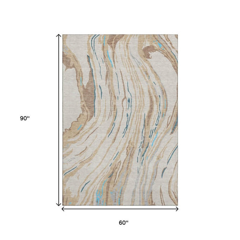 5' X 8' Beige Teal And Brown Abstract Washable Area Rug With UV Protection