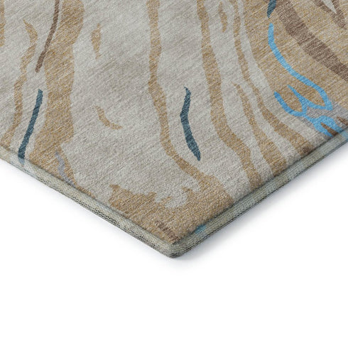 5' X 8' Beige Teal And Brown Abstract Washable Area Rug With UV Protection