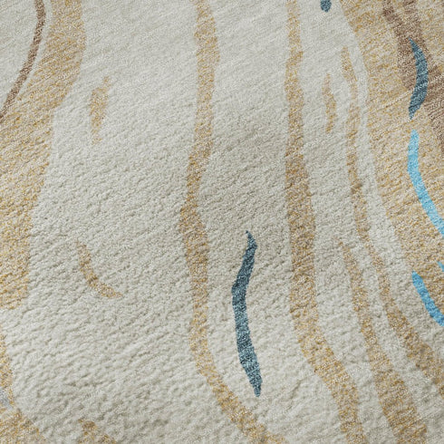 5' X 8' Beige Teal And Brown Abstract Washable Area Rug With UV Protection