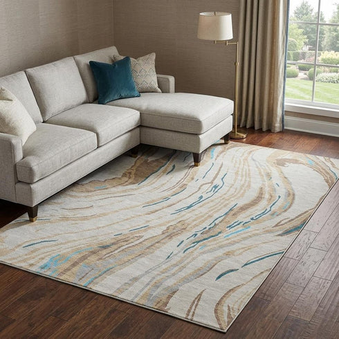 8' X 10' Beige Teal And Brown Abstract Washable Area Rug With UV Protection