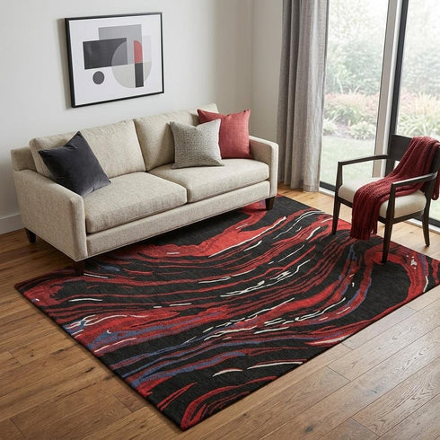 5' X 8' Black Red And Blue Abstract Washable Area Rug With UV Protection