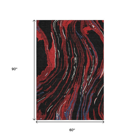 5' X 8' Black Red And Blue Abstract Washable Area Rug With UV Protection