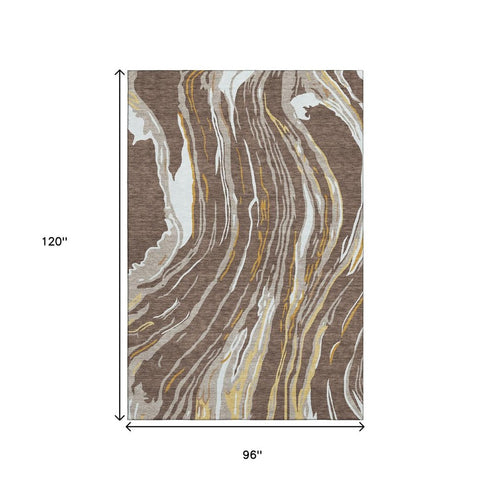 8' X 10' Brown Ivory And Taupe Abstract Washable Area Rug With UV Protection