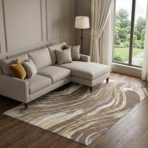 8' X 10' Brown Ivory And Taupe Abstract Washable Area Rug With UV Protection