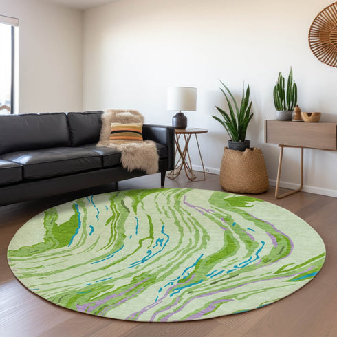 8' Green Lavender And Teal Abstract Washable Round Rug With UV Protection