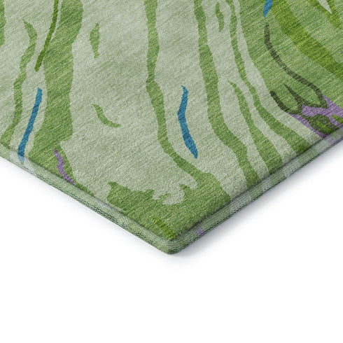 8' Green Lavender And Teal Abstract Washable Round Rug With UV Protection