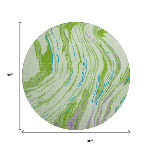 8' Green Lavender And Teal Abstract Washable Round Rug With UV Protection