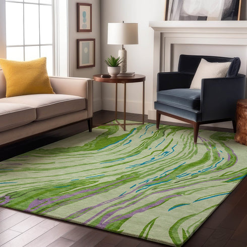 9' X 12' Green Lavender And Teal Abstract Washable Area Rug With UV Protection