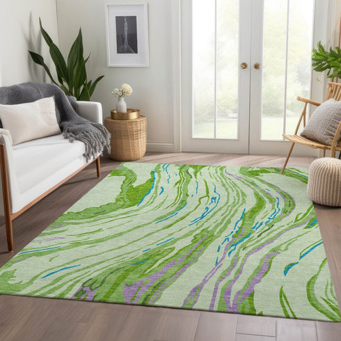 9' X 12' Green Lavender And Teal Abstract Washable Area Rug With UV Protection