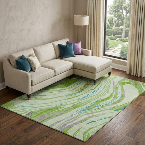 9' X 12' Green Lavender And Teal Abstract Washable Area Rug With UV Protection