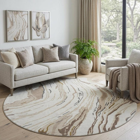 8' Ivory Taupe And Gray Abstract Washable Round Rug With UV Protection