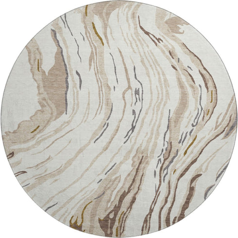 8' Ivory Taupe And Gray Abstract Washable Round Rug With UV Protection