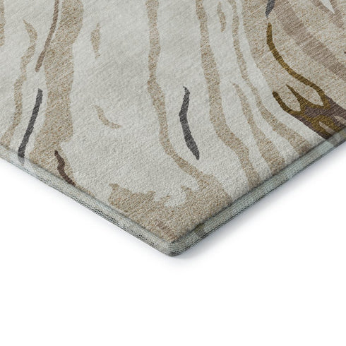 8' Ivory Taupe And Gray Abstract Washable Round Rug With UV Protection