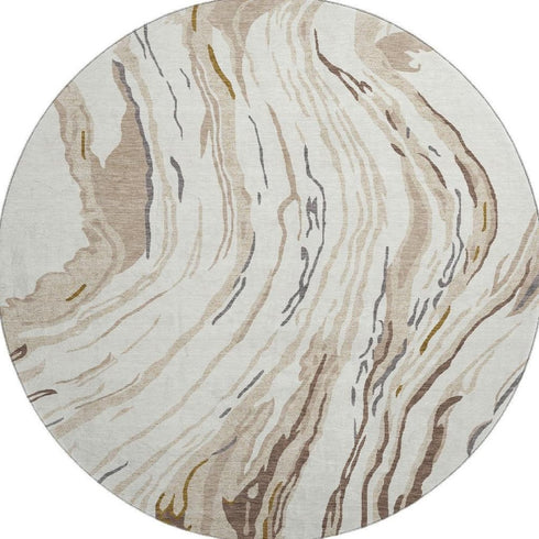 8' Ivory Taupe And Gray Abstract Washable Round Rug With UV Protection