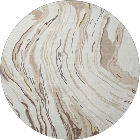 8' Ivory Taupe And Gray Abstract Washable Round Rug With UV Protection
