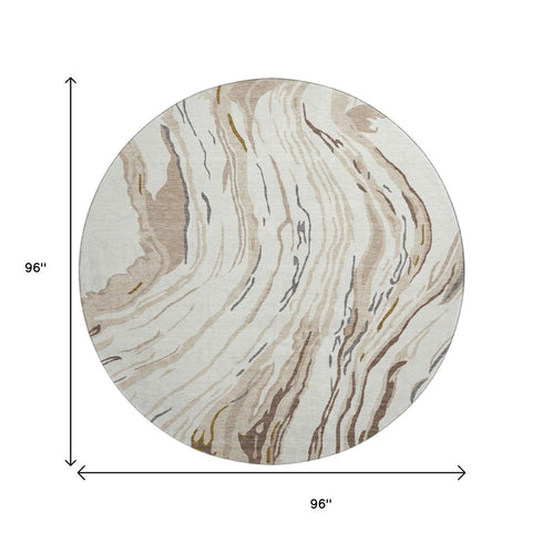 8' Ivory Taupe And Gray Abstract Washable Round Rug With UV Protection