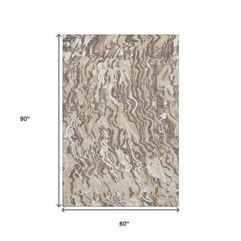 5' X 8' Beige Taupe And Ivory Abstract Washable Area Rug With UV Protection