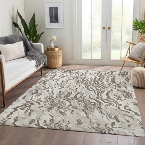 8' X 10' Gray Silver And Ivory Abstract Washable Area Rug With UV Protection