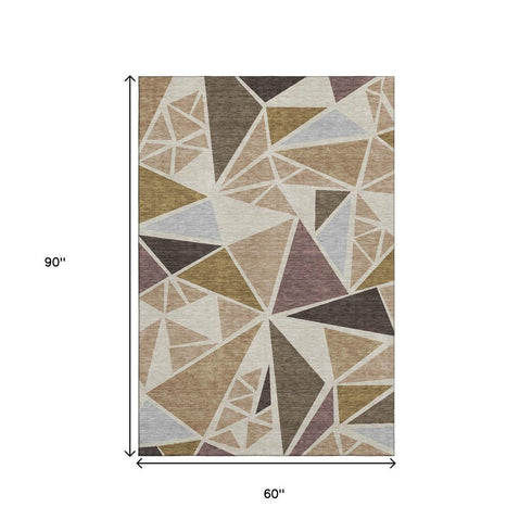 5' X 8' Beige Brown And Mauve Geometric Washable Area Rug With UV Protection