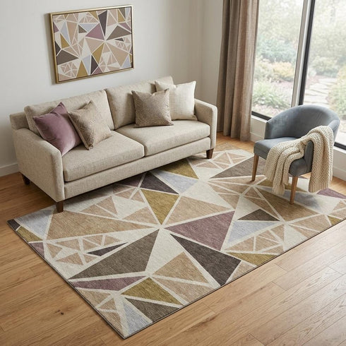 5' X 8' Beige Brown And Mauve Geometric Washable Area Rug With UV Protection