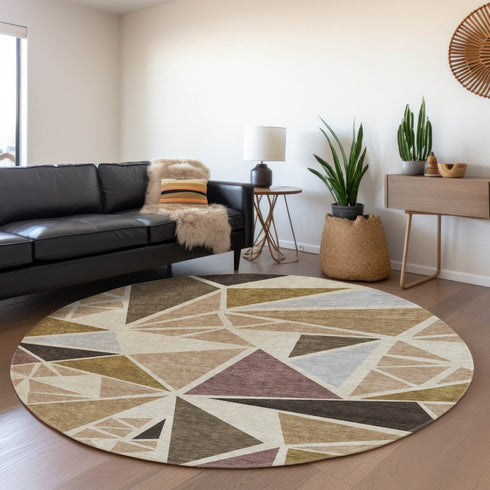 8' Beige Brown And Mauve Geometric Washable Round Rug With UV Protection