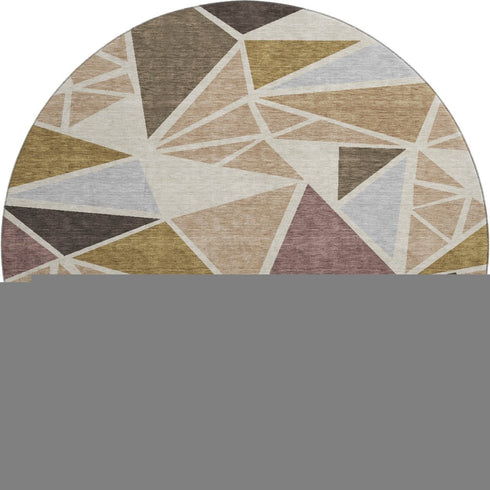 8' Beige Brown And Mauve Geometric Washable Round Rug With UV Protection