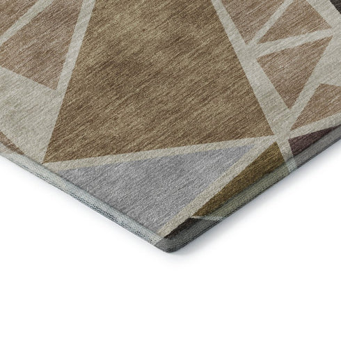 8' Beige Brown And Mauve Geometric Washable Round Rug With UV Protection