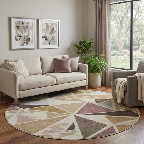 8' Beige Brown And Mauve Geometric Washable Round Rug With UV Protection