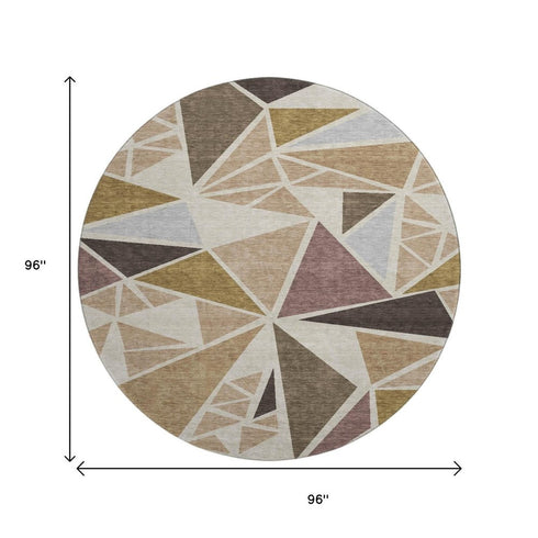 8' Beige Brown And Mauve Geometric Washable Round Rug With UV Protection