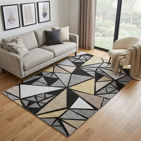 5' X 8' Black Beige And Ivory Geometric Washable Area Rug With UV Protection