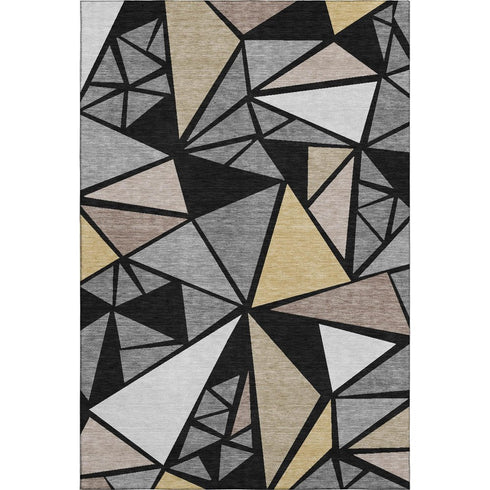 5' X 8' Black Beige And Ivory Geometric Washable Area Rug With UV Protection