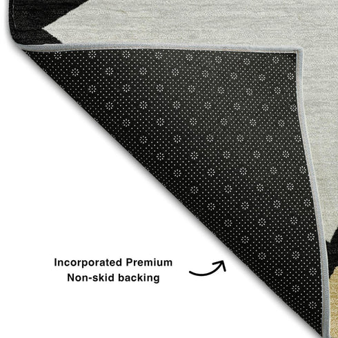 5' X 8' Black Beige And Ivory Geometric Washable Area Rug With UV Protection