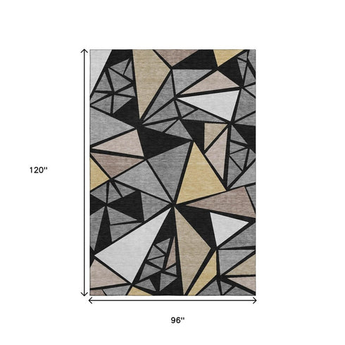 8' X 10' Black Beige And Ivory Geometric Washable Area Rug With UV Protection