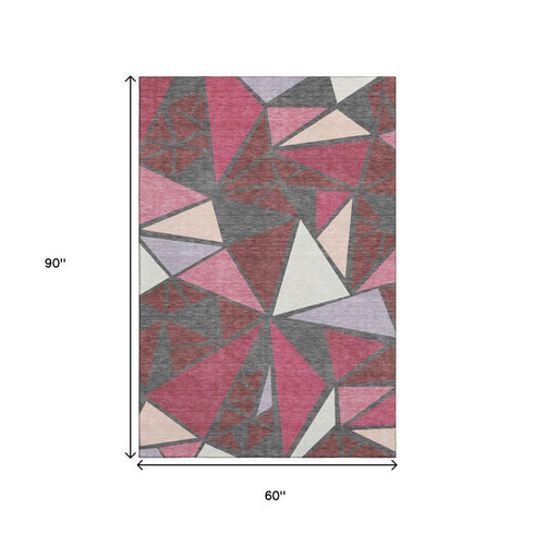 5' X 8' Burgundy Pink And Ivory Geometric Washable Area Rug With UV Protection