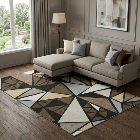 8' X 10' Brown Black And Ivory Geometric Washable Area Rug With UV Protection