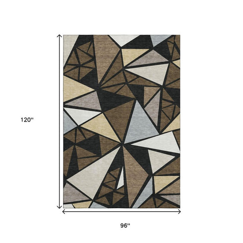 8' X 10' Brown Black And Ivory Geometric Washable Area Rug With UV Protection