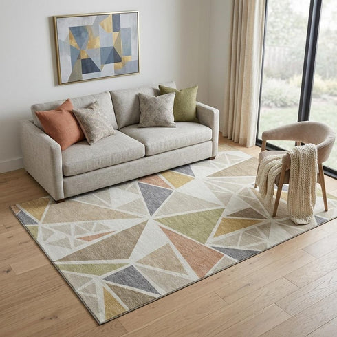 5' X 8' Ivory Gold And Green Geometric Washable Area Rug With UV Protection