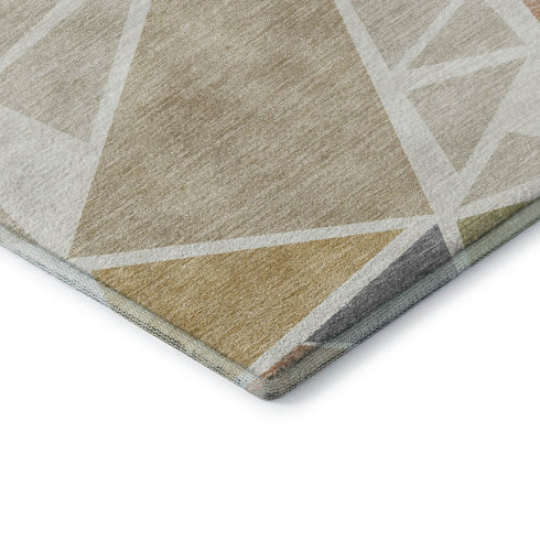 8' Ivory Gold And Green Geometric Washable Round Rug With UV Protection