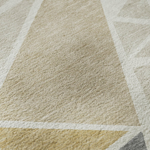 8' Ivory Gold And Green Geometric Washable Round Rug With UV Protection