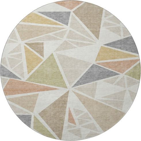 8' Ivory Gold And Green Geometric Washable Round Rug With UV Protection